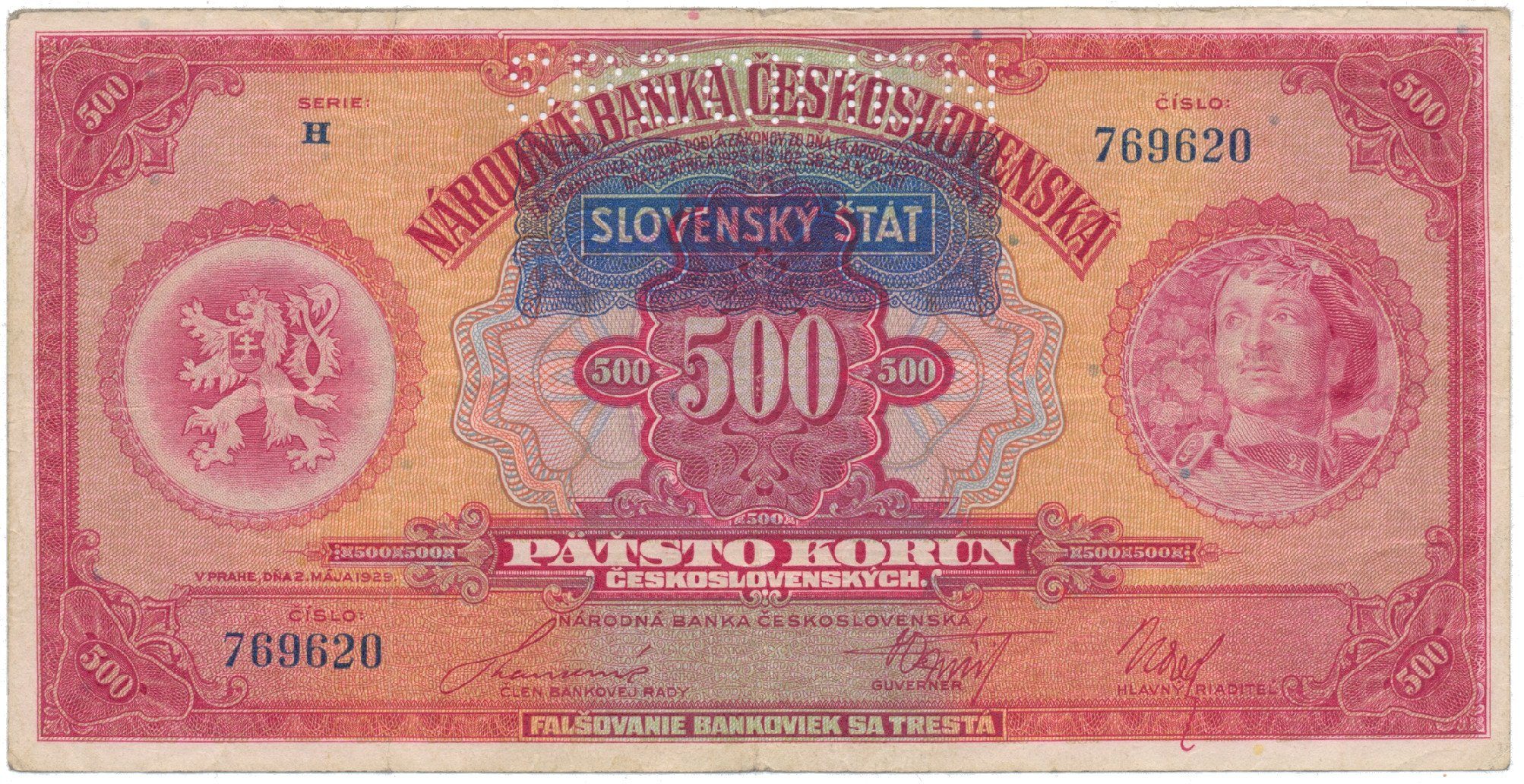 500 Koruna 1929/1939 + přetisk, série H, SPECIMEN, Hej.44a.S1