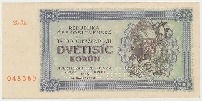 Československo, 2000 Koruna 1945, série se 2 čísly, perf. 1x SPECIMEN dole, Hej.69a2
