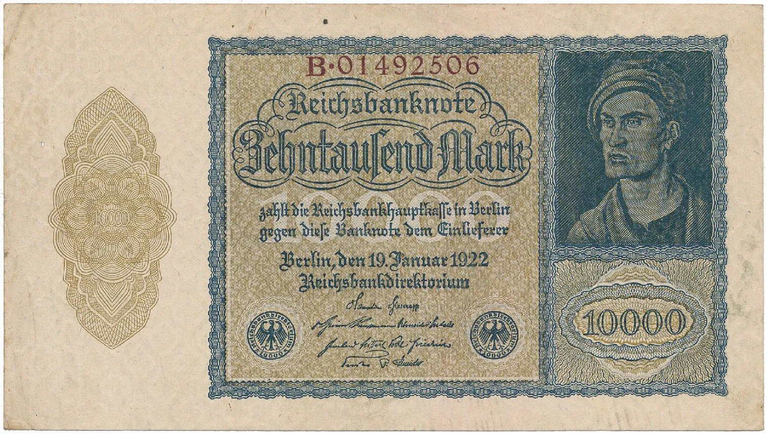 Německo, 10.000 Mark 1922, říšský 8-místný číslovač, Ro.69b