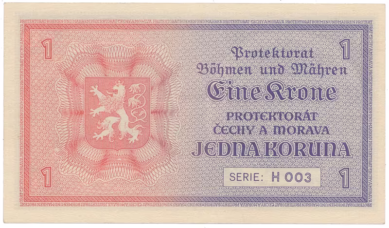 Protektorát Čechy a Morava, 1 Koruna b.d. (1940), tisk Haase, série H, Hej.30b