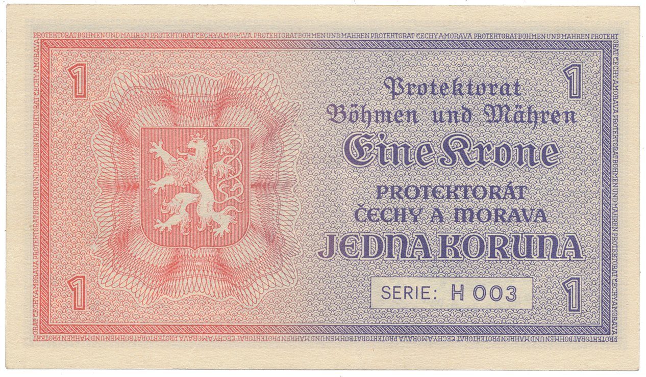 Protektorát Čechy a Morava, 1 Koruna b.d. (1940), tisk Haase, série H, Hej.30b