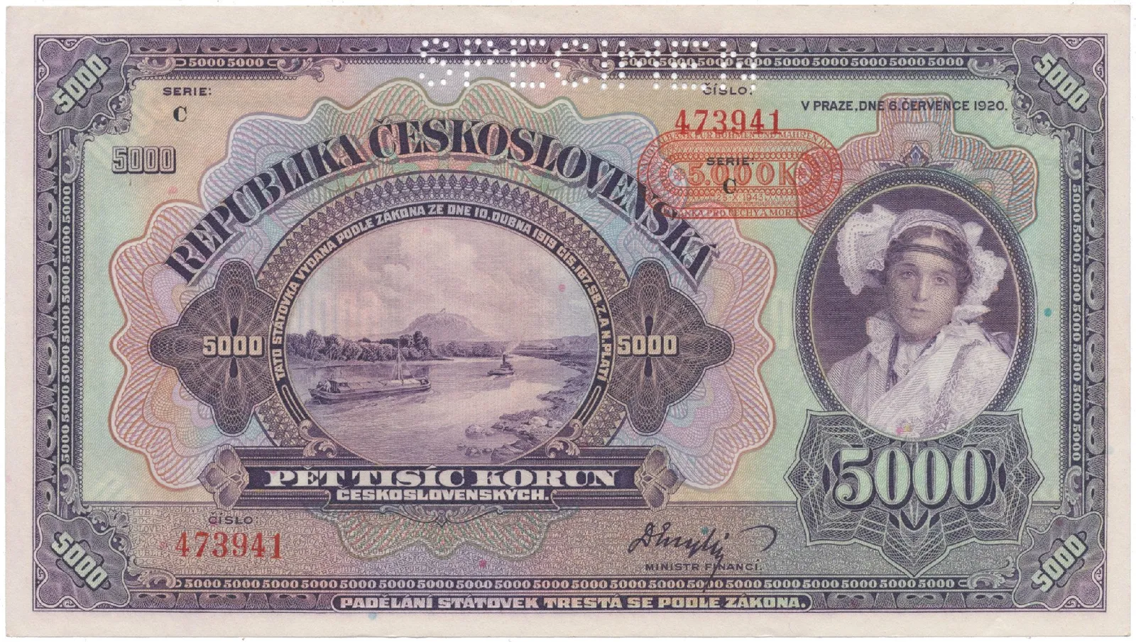 5000 Koruna 1920 (přetisk 1943), série C, SPECIMEN, Hej.N1
