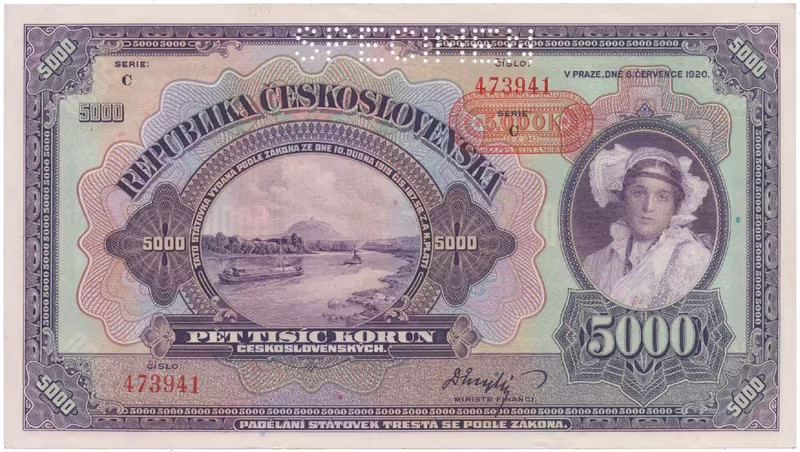 5000 Koruna 1920 (přetisk 1943), série C, SPECIMEN, Hej.N1