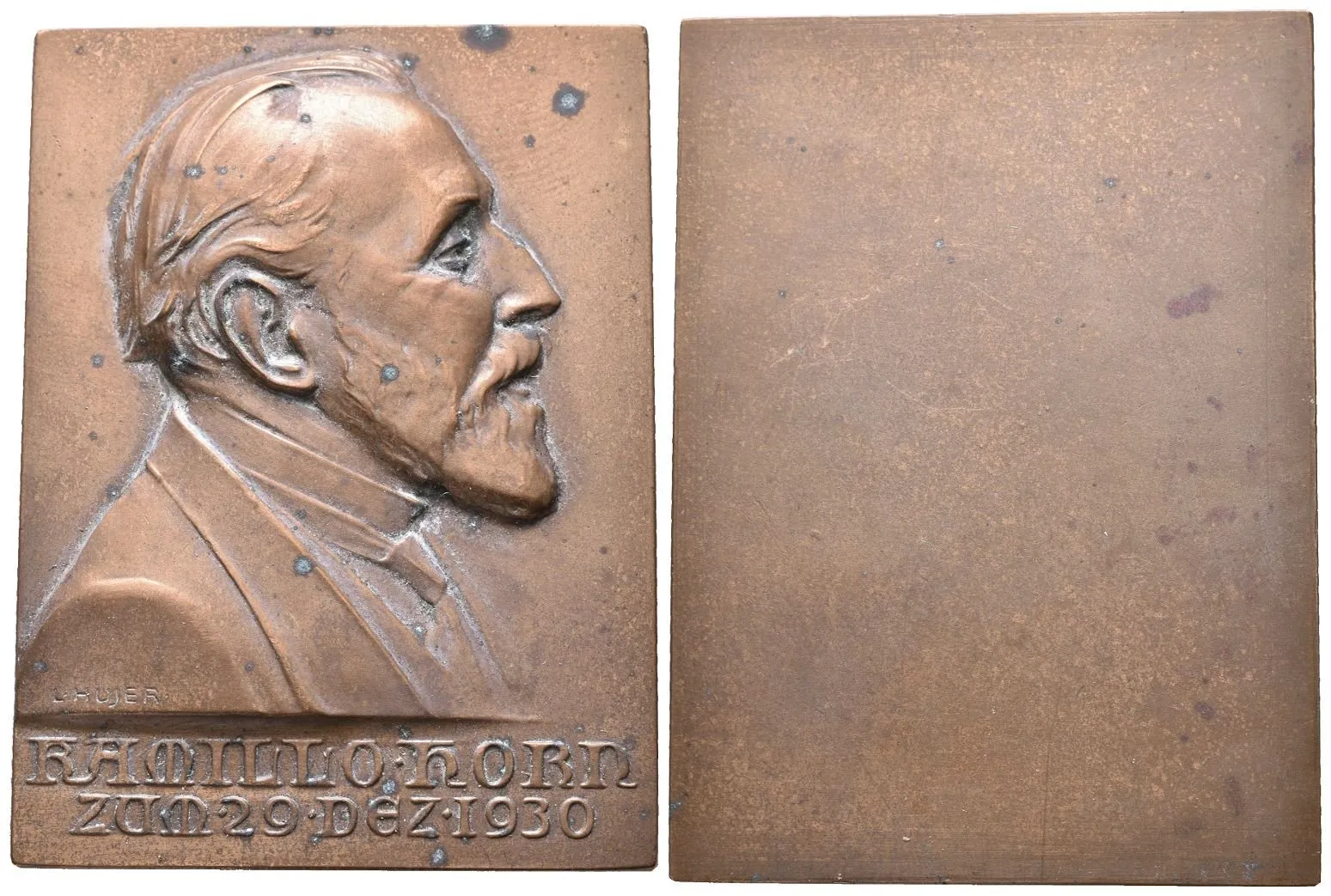 AE Plaketa 1930 - Kamillo Horn. Br 70 x 52 mm, oxidační tečky — 1