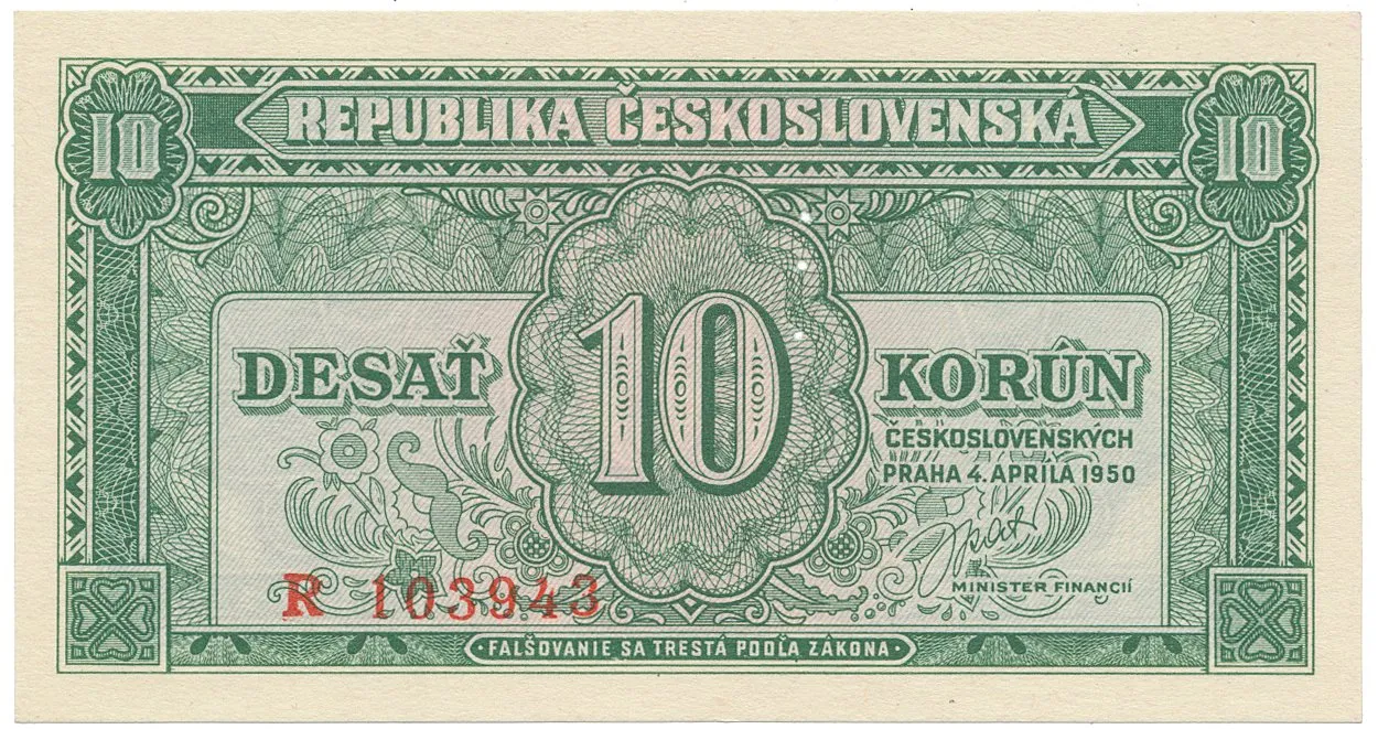 Československo, 10 Koruna 1950, série A - Z, perforace 3 md svisle, Hej.86a.S1