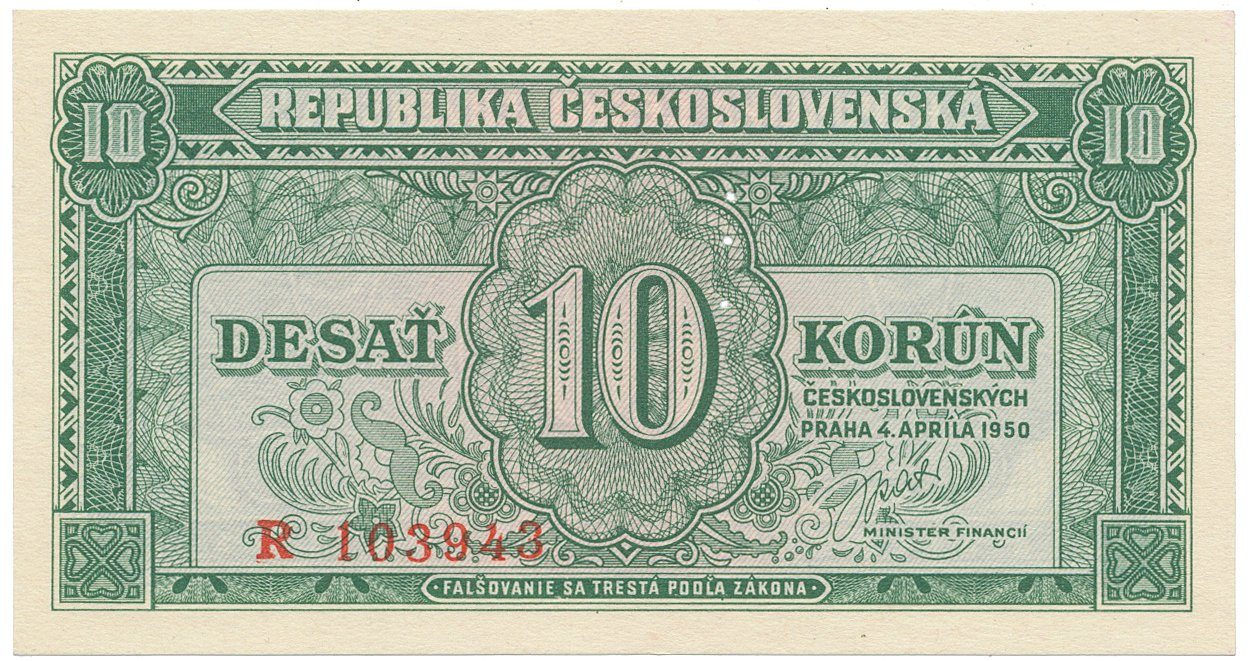 Československo, 10 Koruna 1950, série A - Z, perforace 3 md svisle, Hej.86a.S1