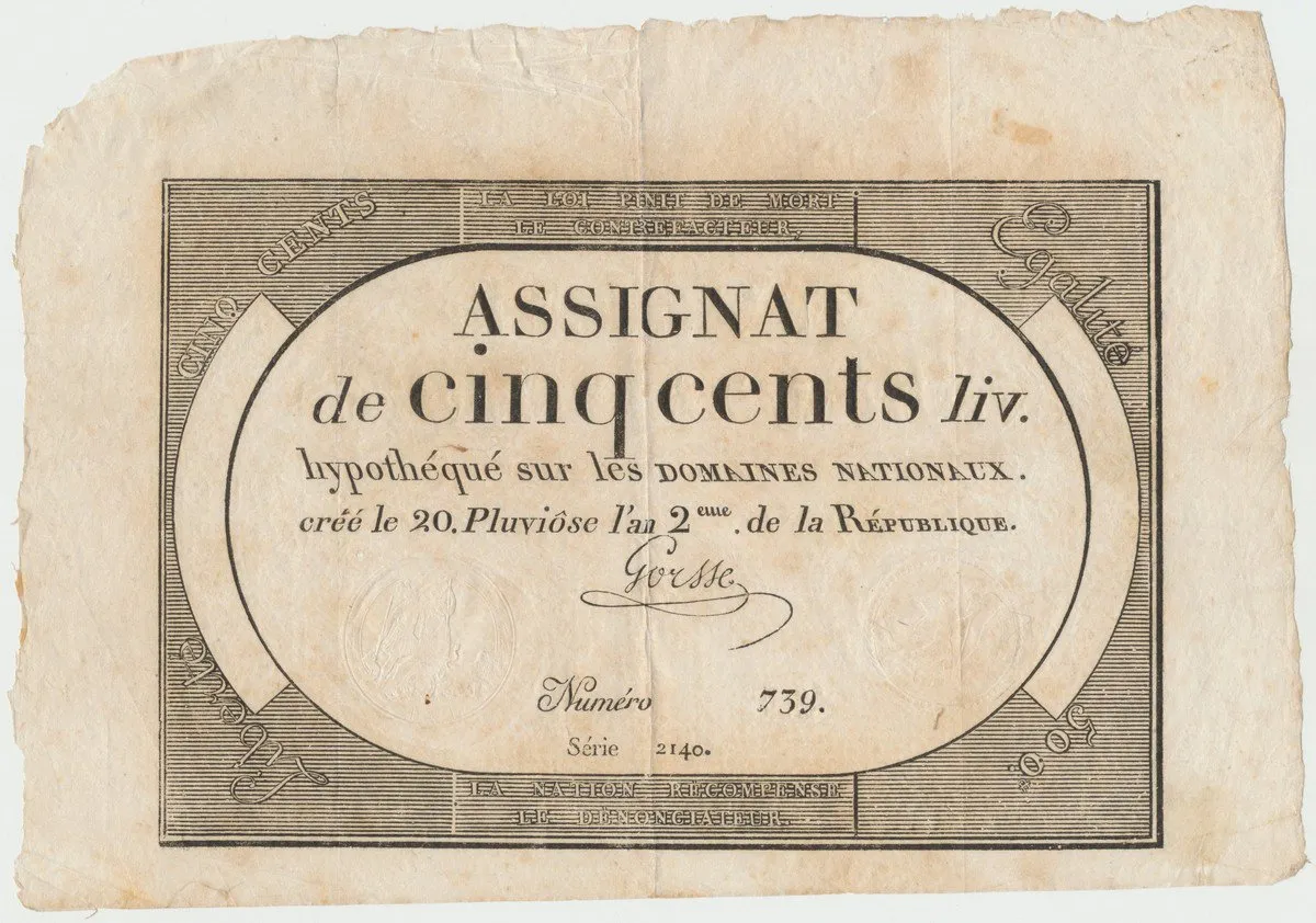 Francie, 500 Livres 1794, P.A77, včetně archového okraje