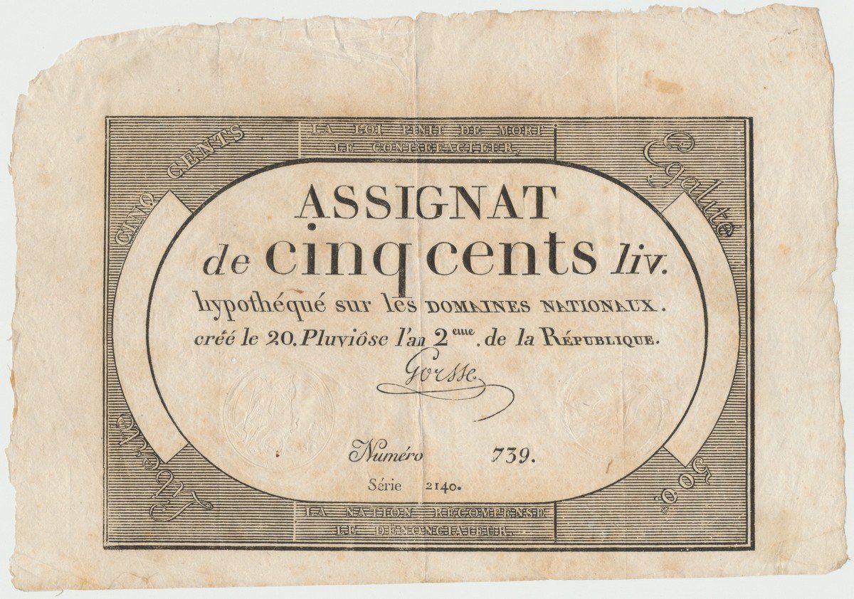 Francie, 500 Livres 1794, P.A77, včetně archového okraje