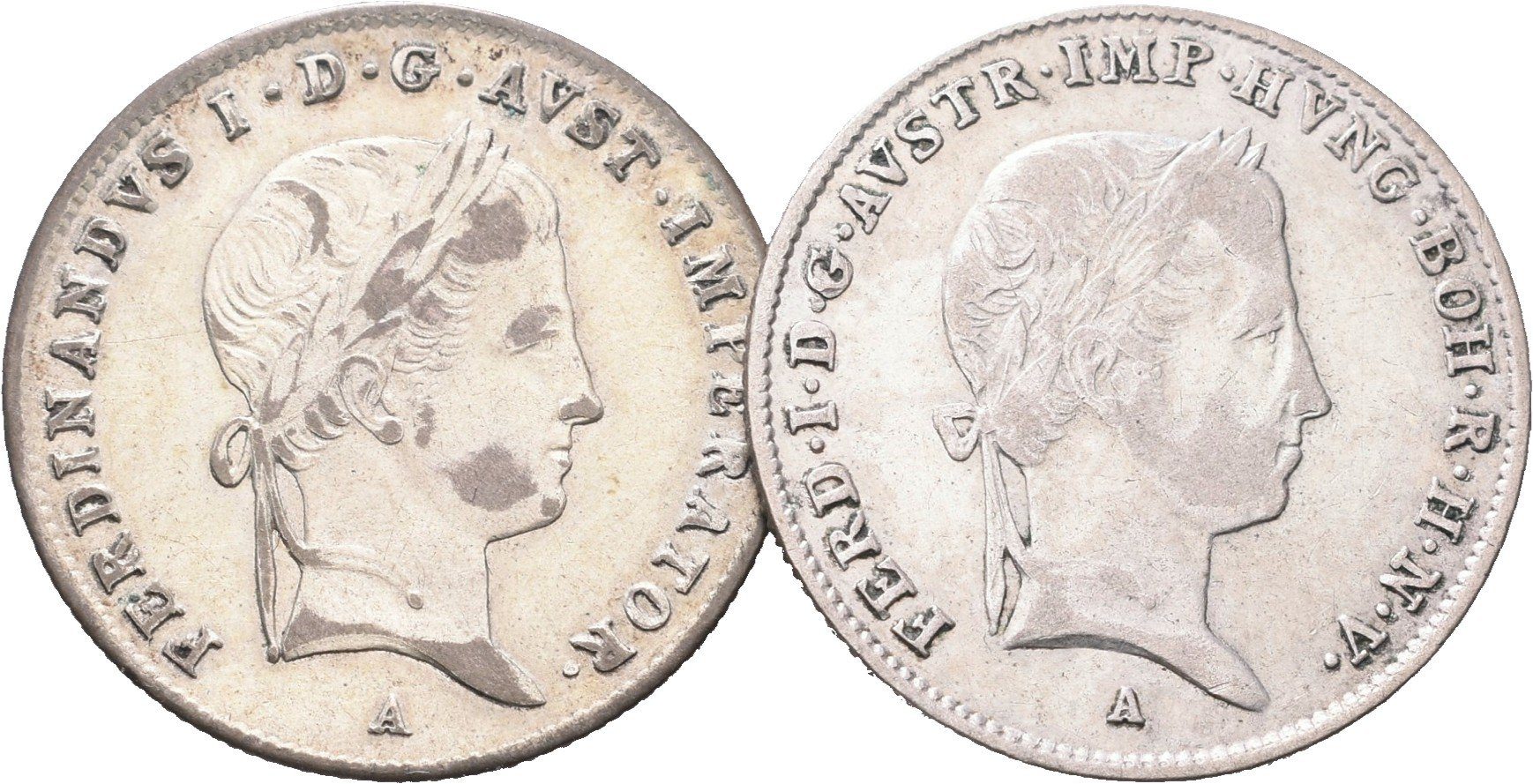 Ferdinand V., 10 Krejcar 1836 A a 1937 A, Vídeň, lot 2 ks