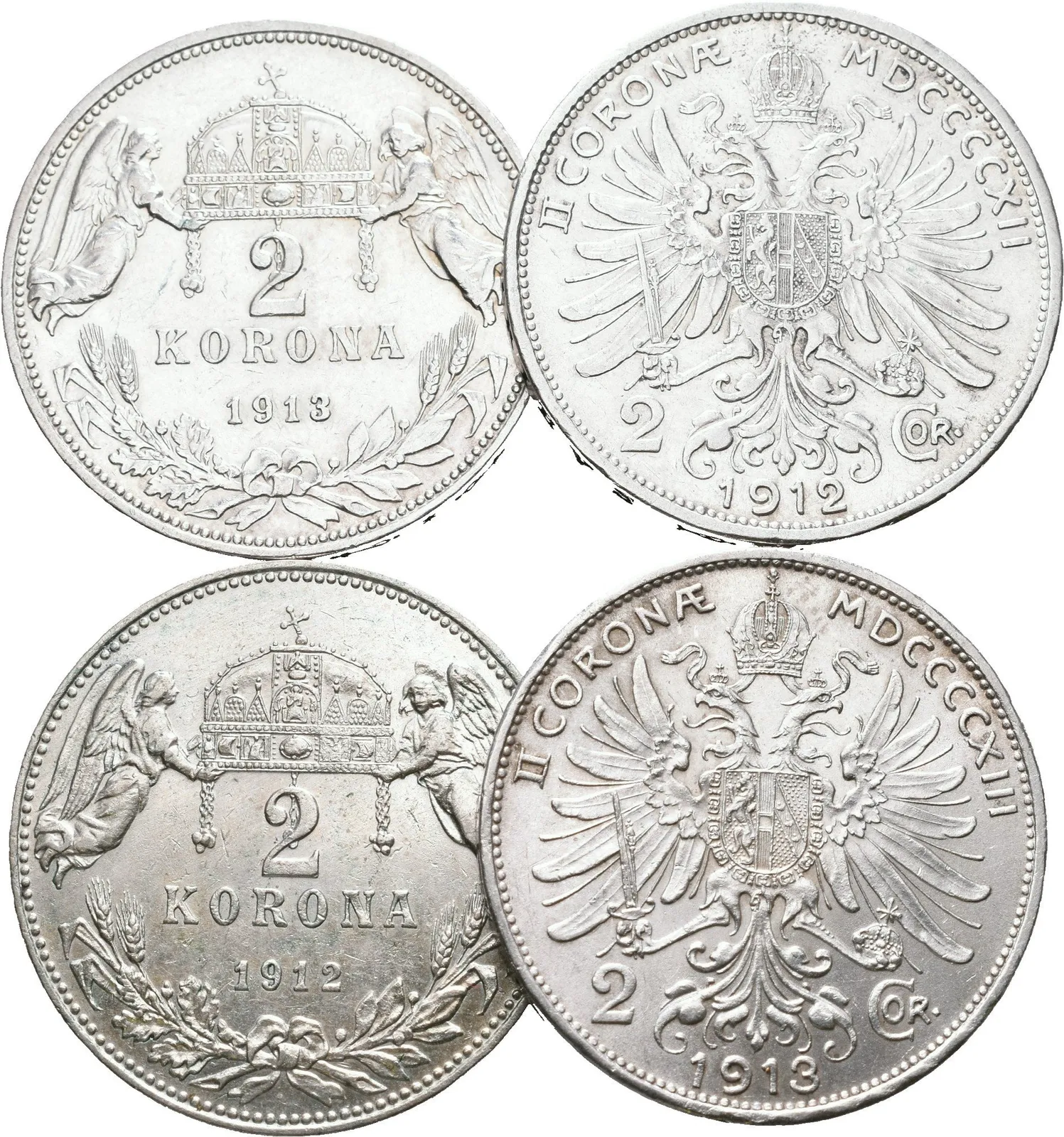 2 Koruna 1912, 1913, 1912 KB, 1913 KB, pěkné zachovalosti, — 1