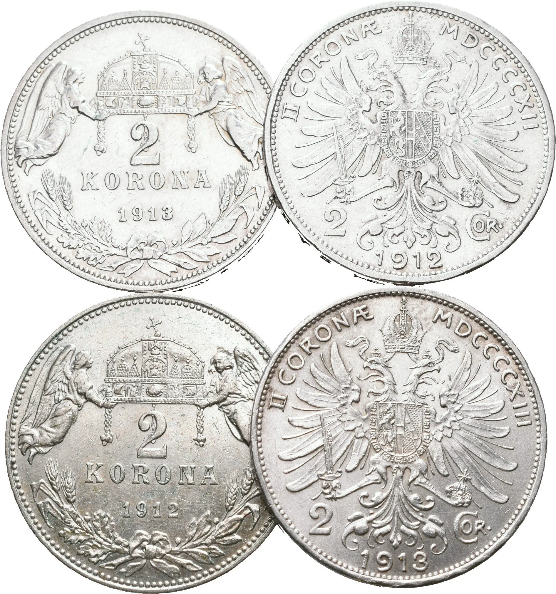 2 Koruna 1912, 1913, 1912 KB, 1913 KB, pěkné zachovalosti, — 1
