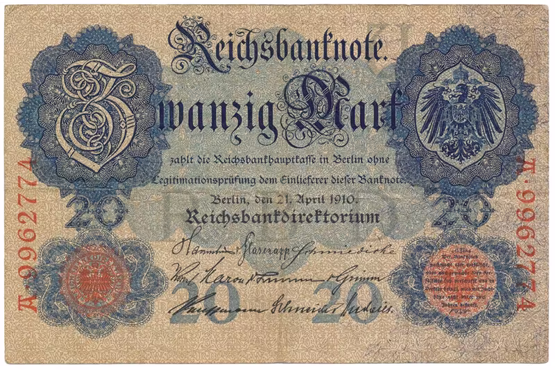 Německo, 20 Mark 1910, 7-místný číslovač, Ro.40b