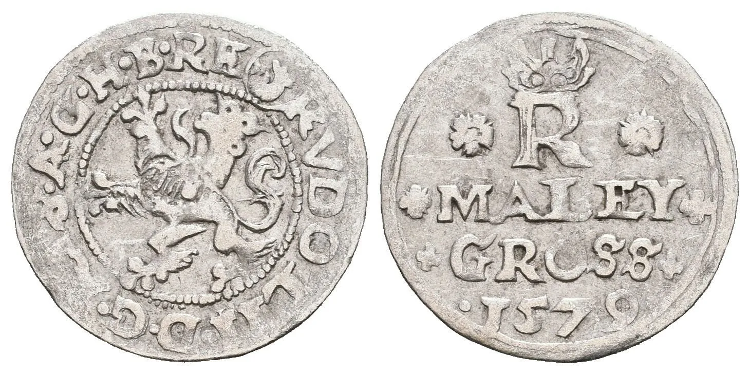 Malý groš 1579, Jáchymov-Kádner, HN.1b (opis 7b), patina, rysky — 1