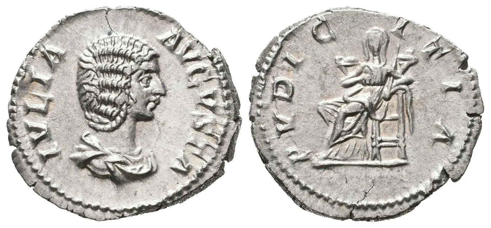 Denár, 196 - 211, Rv: PVDICITIA, sedící Pudicitia zleva má jednu ruku na hrudi, druhou — 1