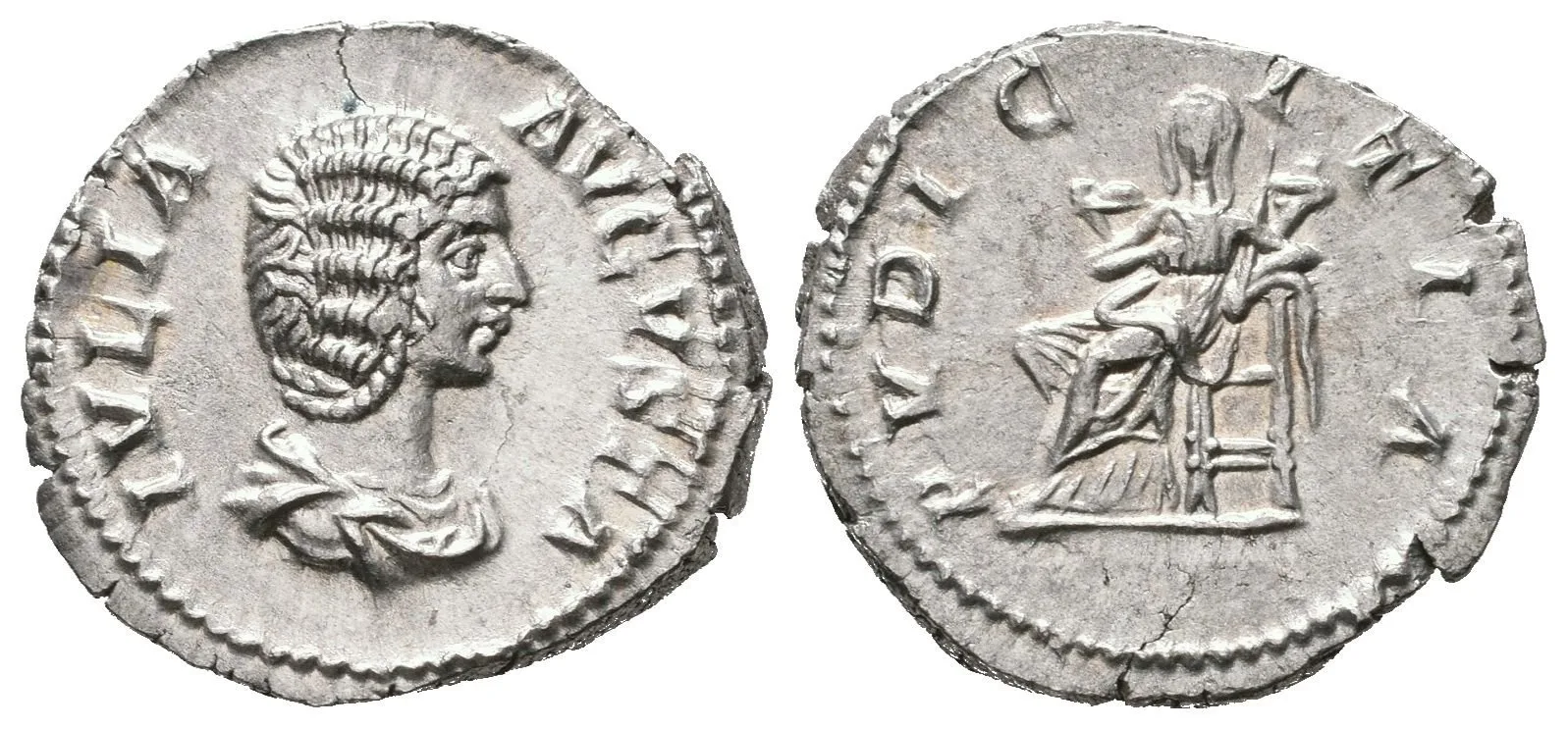 Denár, 196 - 211, Rv: PVDICITIA, sedící Pudicitia zleva má jednu ruku na hrudi, druhou — 1