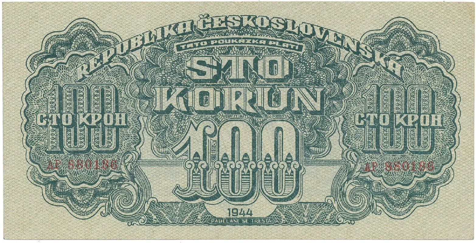 Československo, 100 Koruna 1944, číslovač 19 mm, Hej.59a