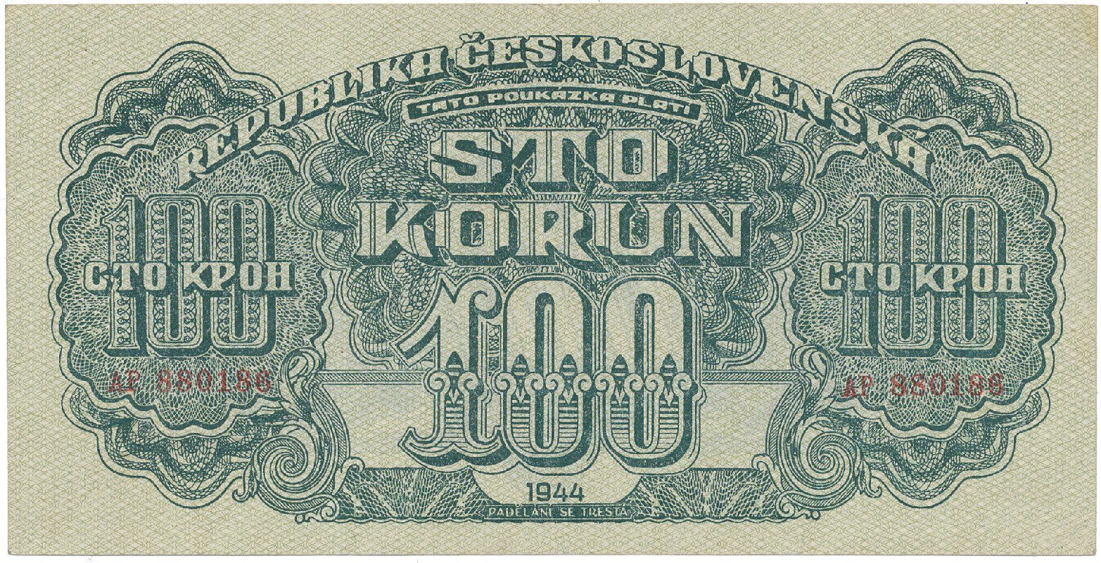 Československo, 100 Koruna 1944, číslovač 19 mm, Hej.59a