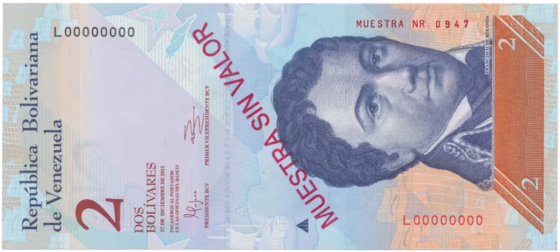 Venezuela, 2 Bolivares 2012, anulát - MUESTRA SIN VALOR, P.88cs