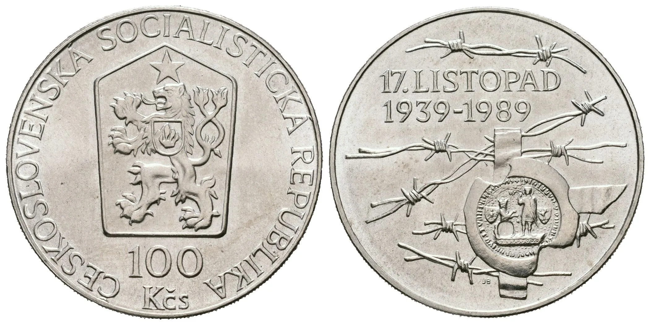100 Kčs 1989 - 17. listopad 1939, lesk, patina — 1
