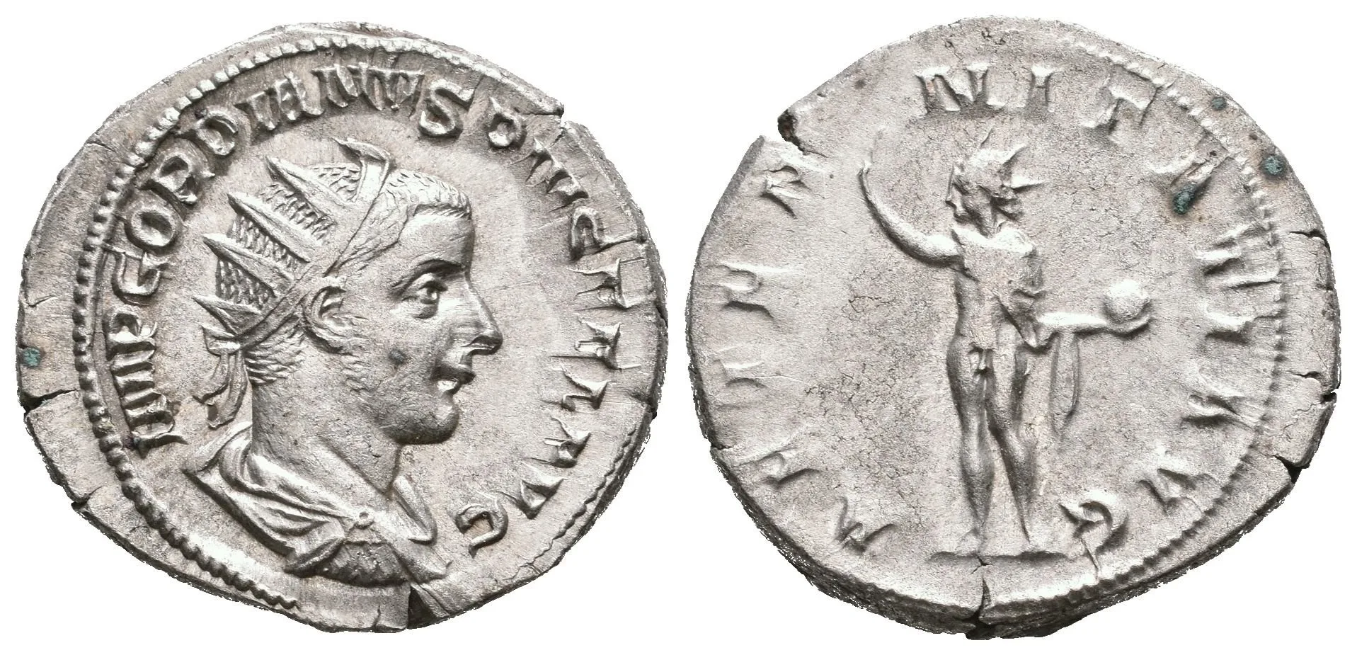 Antoninian, 241 - 243, Rv: AETERNITATI AVG, stojící Sol čelně hledí doleva, — 1