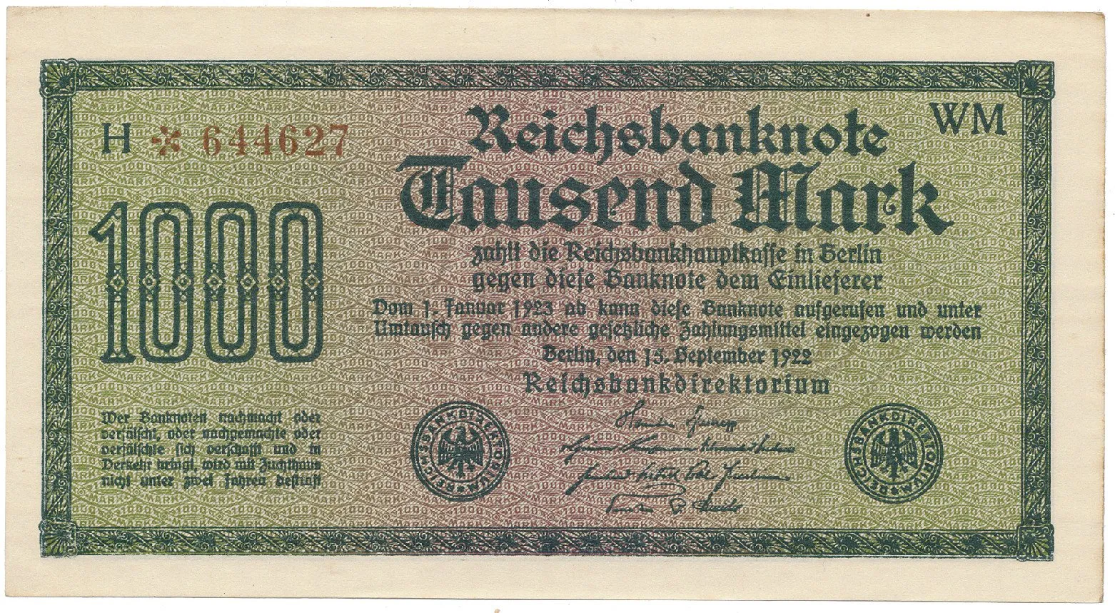 Německo, 1000 Mark 1922, vod. Mäander, hnědé 6-místné číslo, Ro.75i