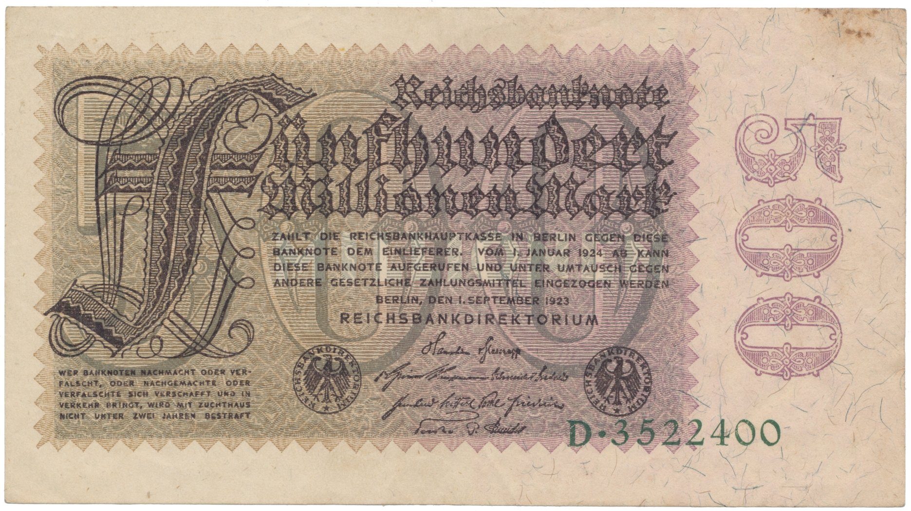 Německo, 500 Millionen Mark 1923, Ro.109a