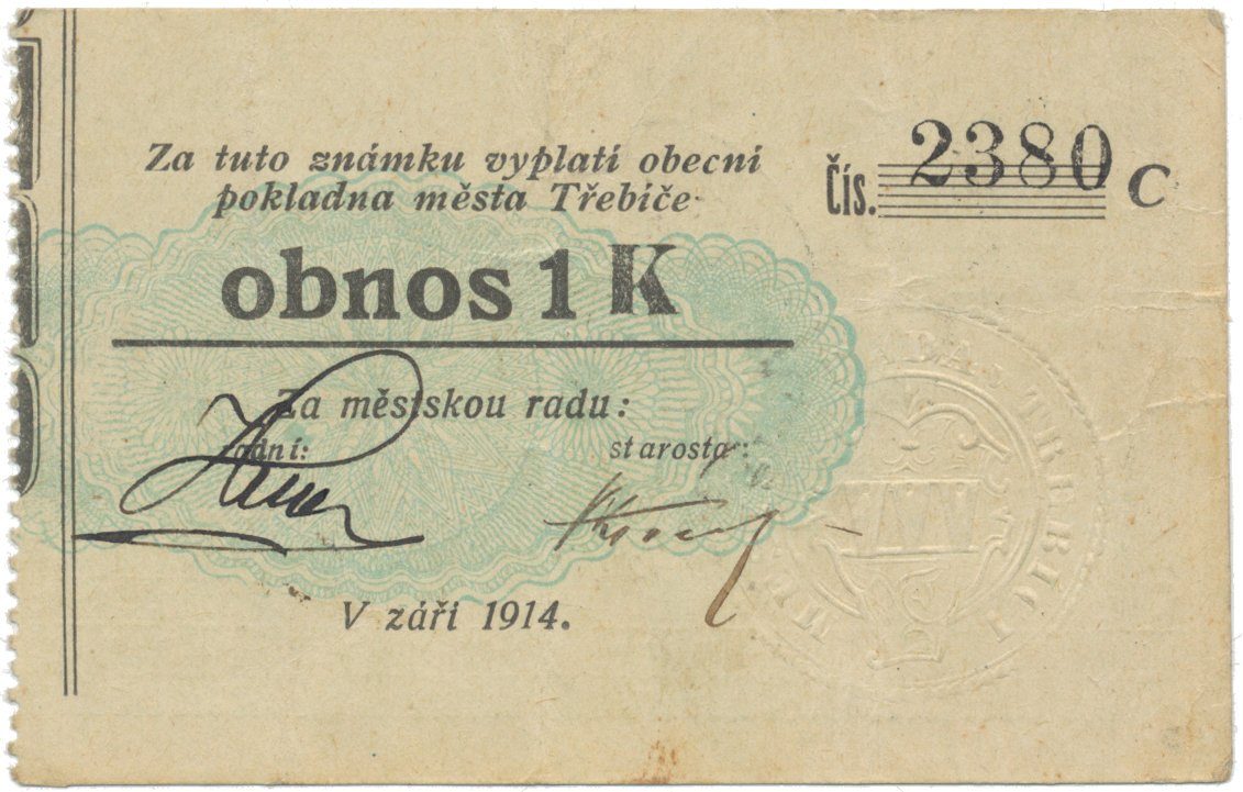 Třebíč - město, 1 K září 1914, slabší K, HH.223.5.10f2