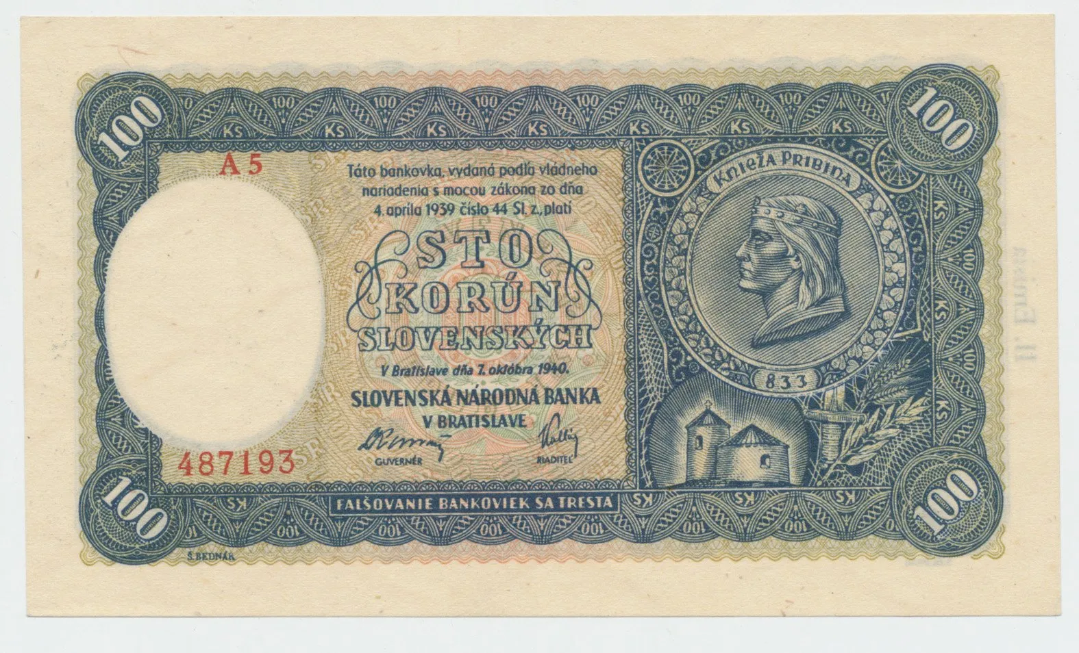 Slovensko, 100 Koruna 1940, II, vydání, série A 5, Hej.49a1