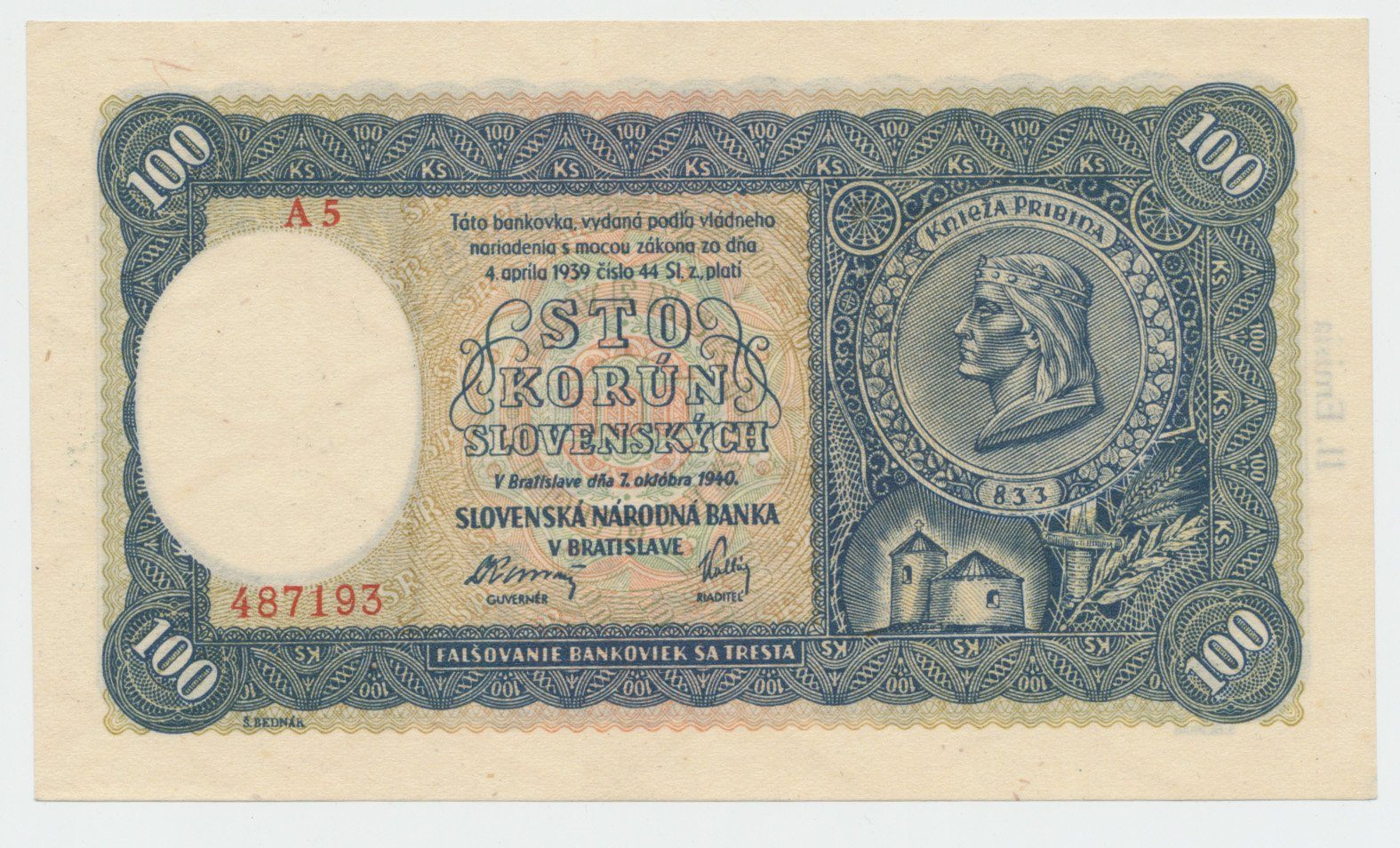 Slovensko, 100 Koruna 1940, II, vydání, série A 5, Hej.49a1