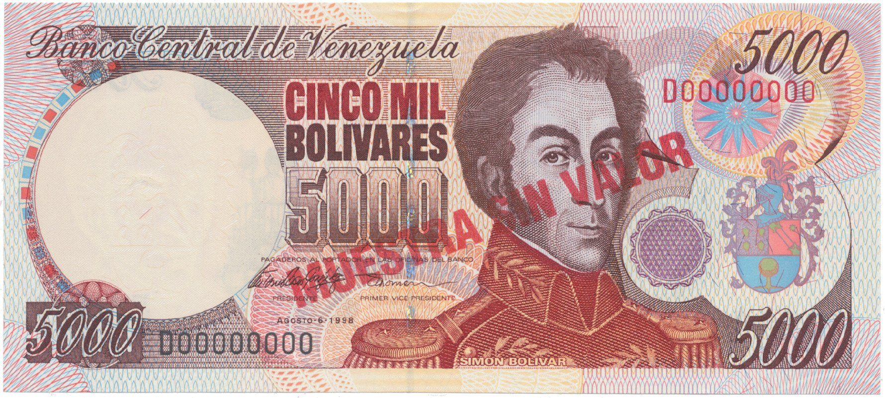 Venezuela, 5000 Bolivares 1998, anulát - MUESTRA SIN VALOR, P.78cs