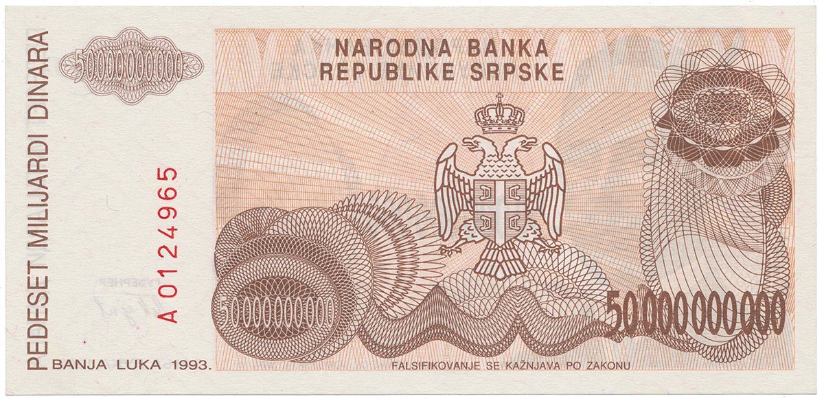 Bosna a Hercegovina, 50 Milijardi Dinara 1993, nevydaná, P.157