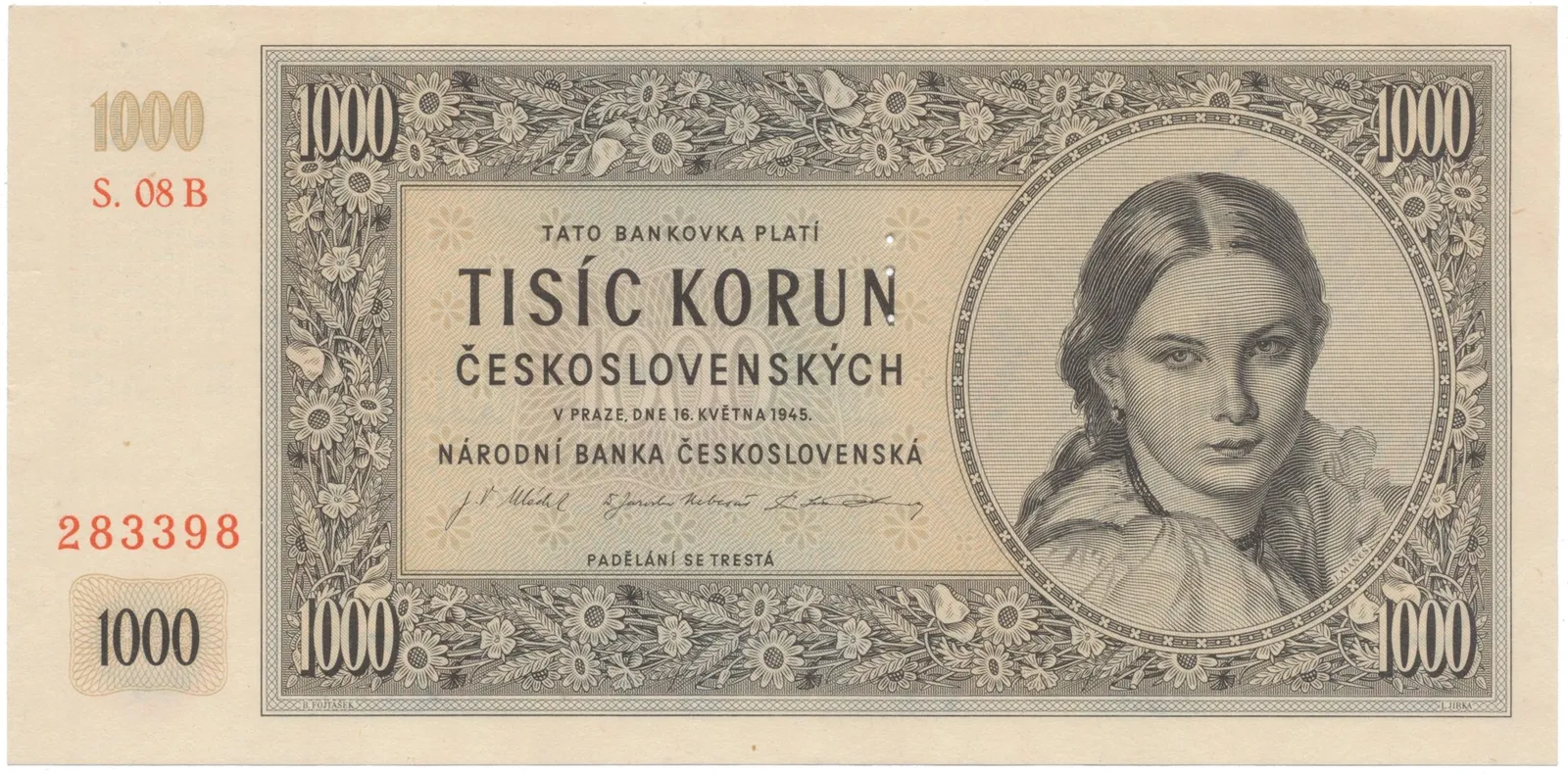 1000 Koruna 1945, I. vydání, série B, perforace 3 m.d., Hej.78bS1