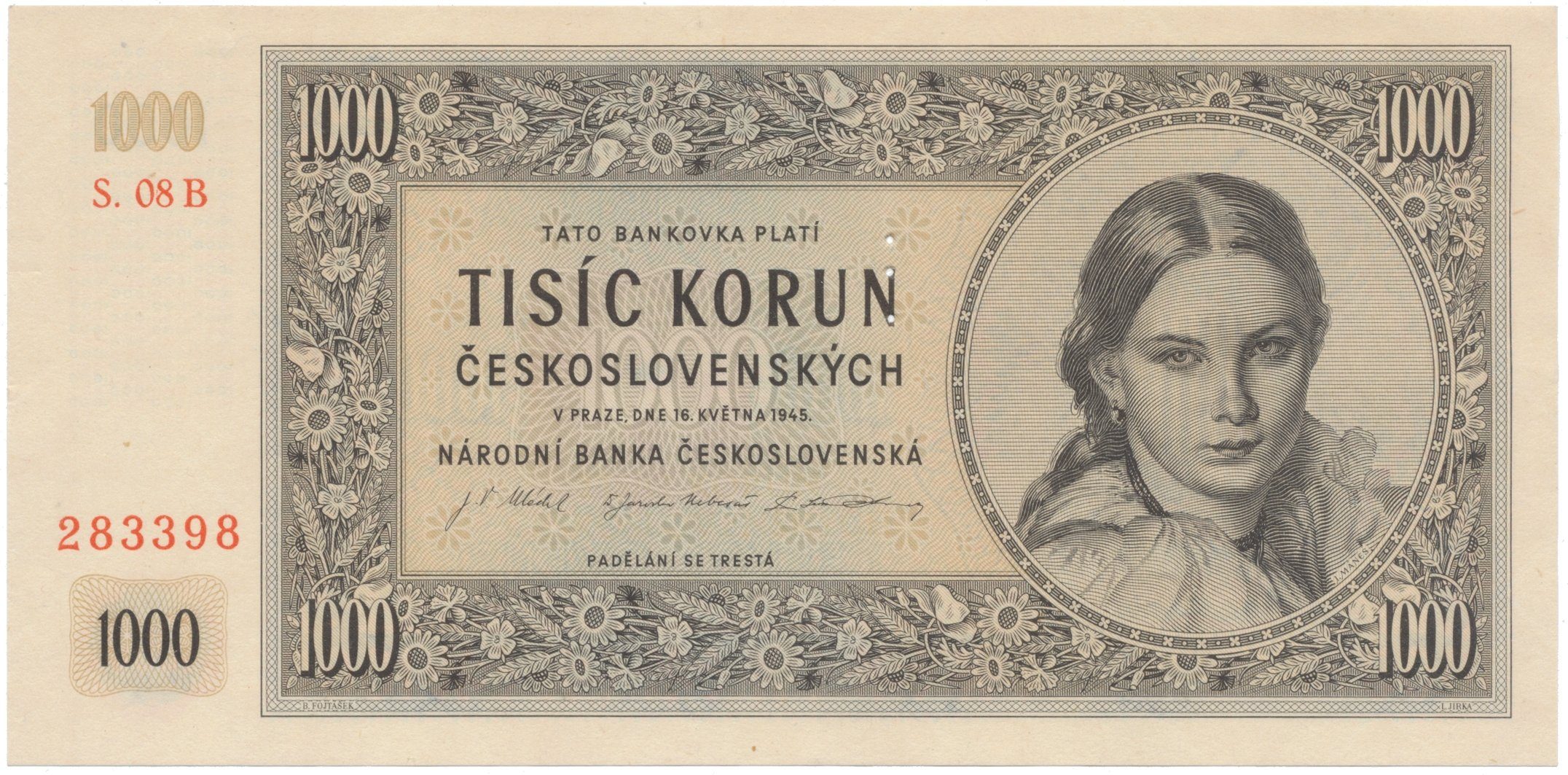 1000 Koruna 1945, I. vydání, série B, perforace 3 m.d., Hej.78bS1