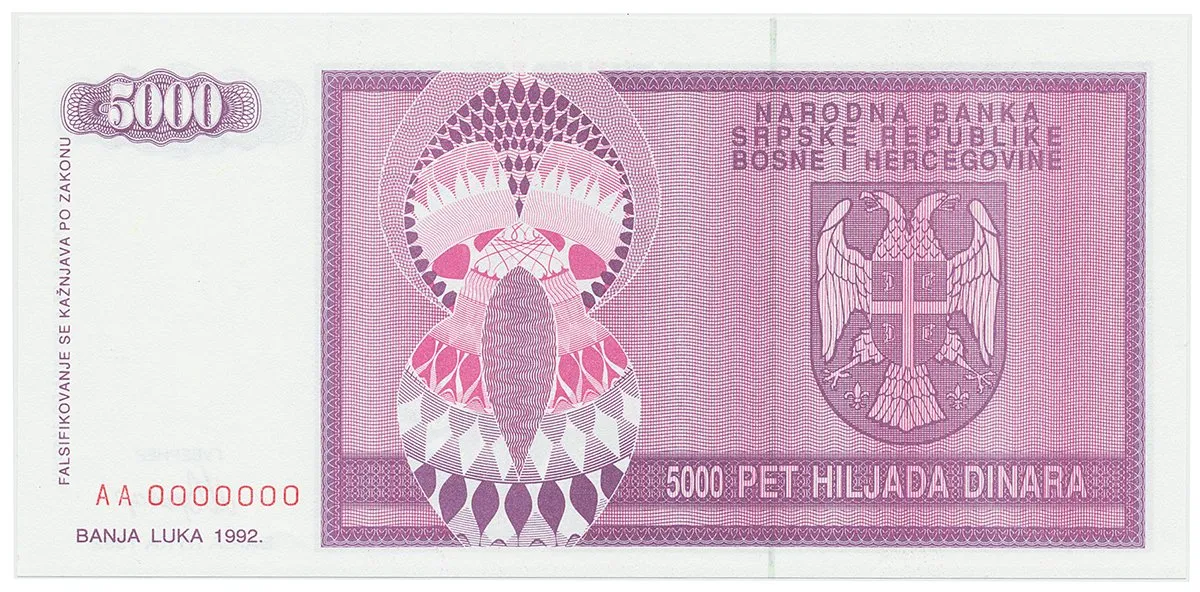 Bosna a Hercegovina, 5000 Dinara 1992, anulát, AA 0000000, P.138