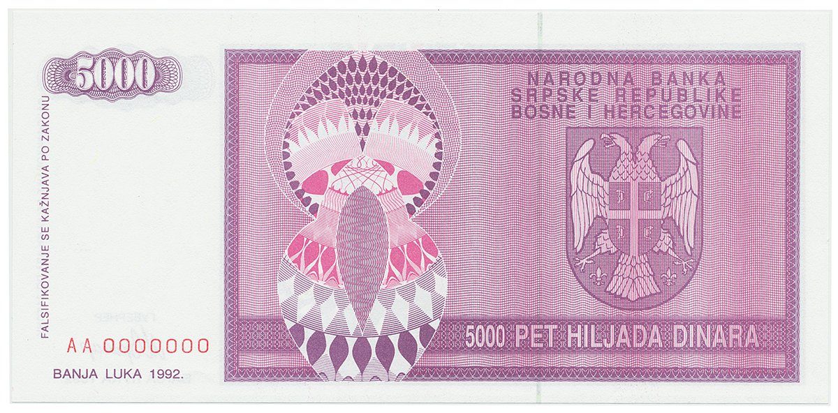 Bosna a Hercegovina, 5000 Dinara 1992, anulát, AA 0000000, P.138