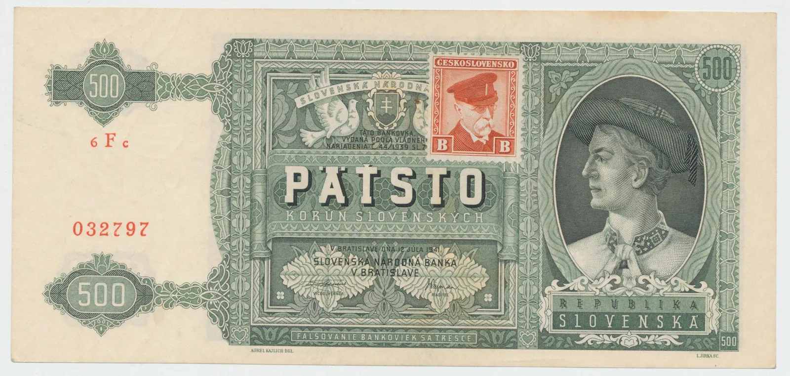 Československo, 500 Koruna 1941/1945, kolkovaná, Hej.64a