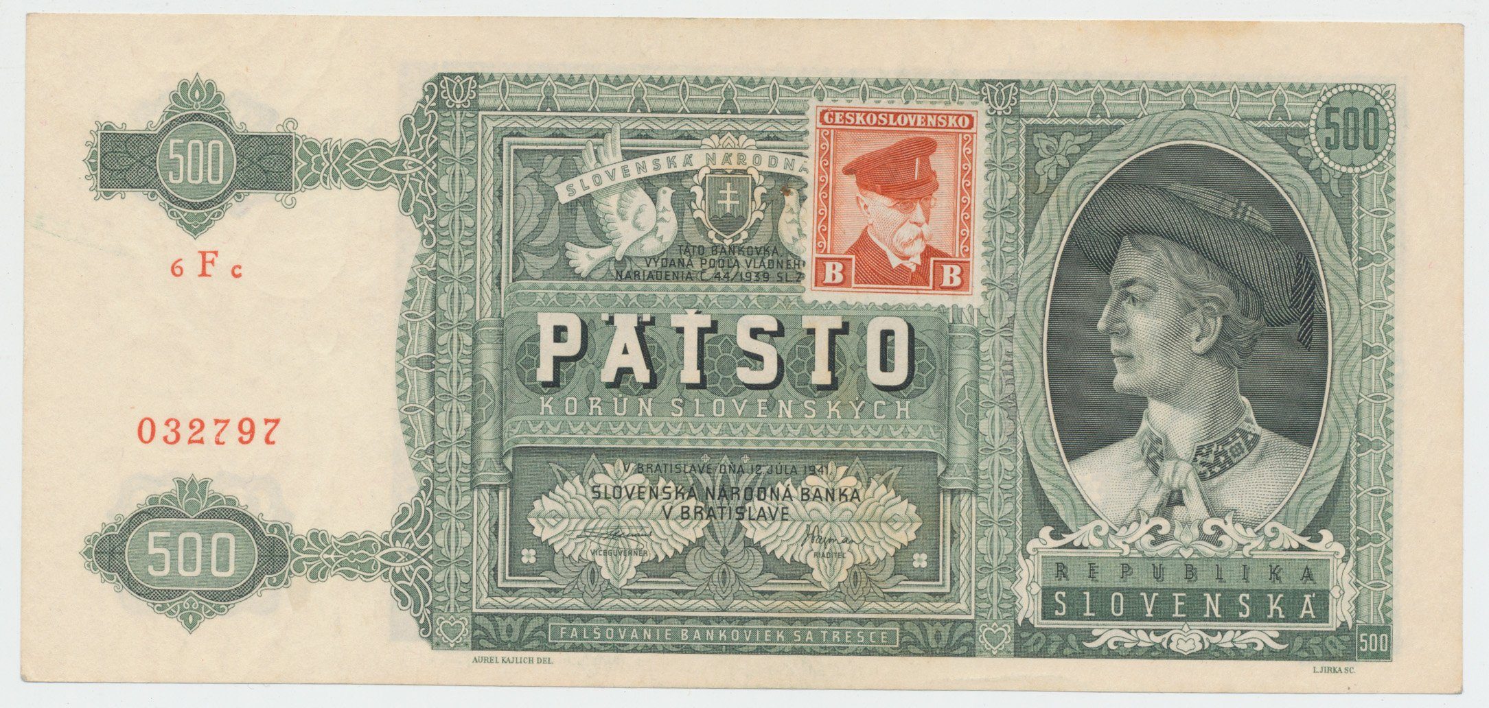 Československo, 500 Koruna 1941/1945, kolkovaná, Hej.64a