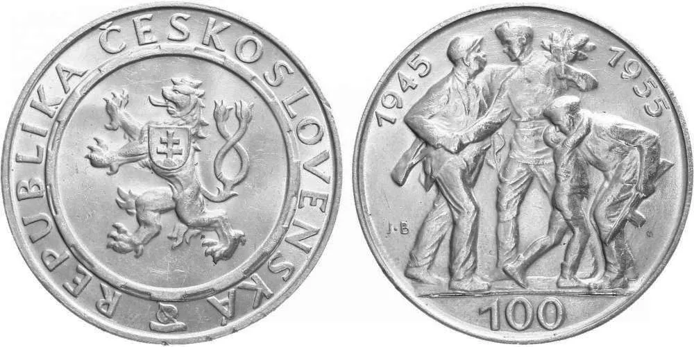 100 Kčs 1955 - 10. výročí osvobození Československa, var. B (tupé JB)