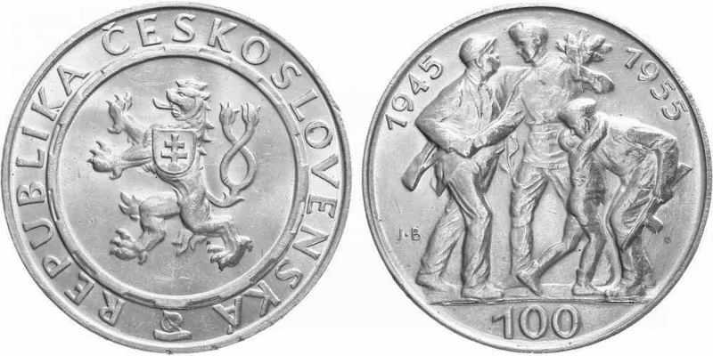 100 Kčs 1955 - 10. výročí osvobození Československa, var. B (tupé JB)