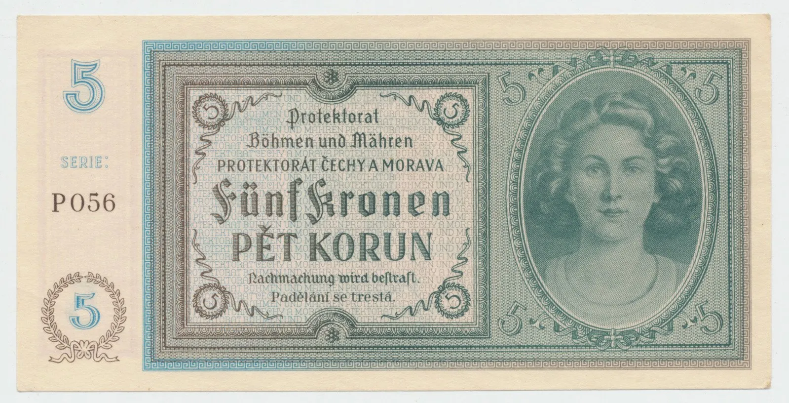 Protektorát Čechy a Morava, 5 Koruna b.d. (1940), tisk Pardubice, série P, Hej.31d