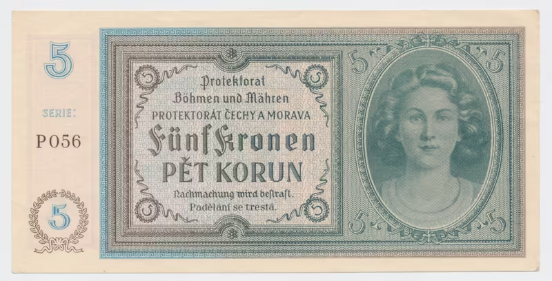 Protektorát Čechy a Morava, 5 Koruna b.d. (1940), tisk Pardubice, série P, Hej.31d