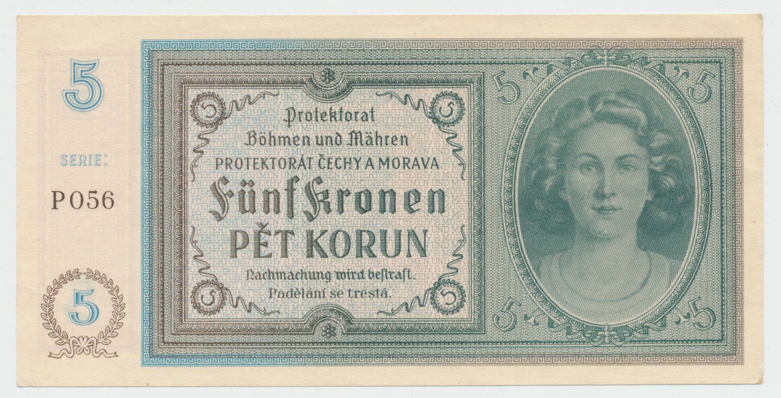 Protektorát Čechy a Morava, 5 Koruna b.d. (1940), tisk Pardubice, série P, Hej.31d