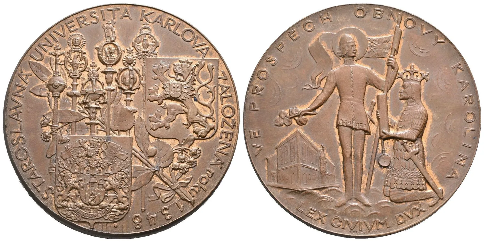 AE Medaile 1948 - Ve prospěch obnovy Karolina. Karel IV. klečí před sv. Václavem, — 1