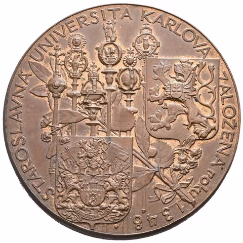 AE Medaile 1948 - Ve prospěch obnovy Karolina. Karel IV. klečí před sv. Václavem,