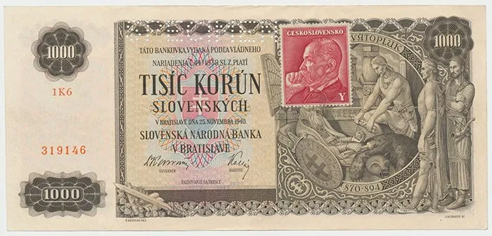 Československo, 1000 Koruna 1940/1945, kolkovaná, perf. 1x SPECIMEN, Hej.65a1.S1