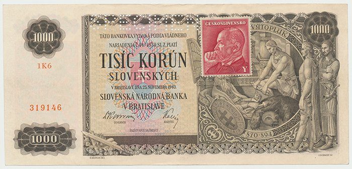 Československo, 1000 Koruna 1940/1945, kolkovaná, perf. 1x SPECIMEN, Hej.65a1.S1
