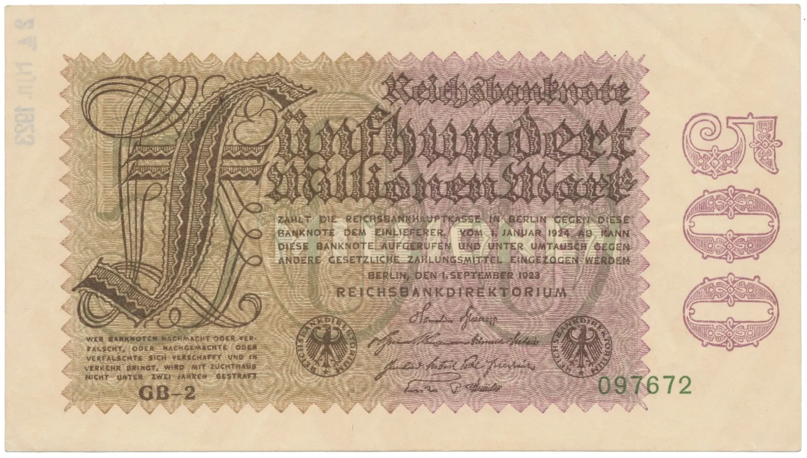 Německo, 500 Millionen Mark 1923, vodoznak Hakensterne, Ro.109d