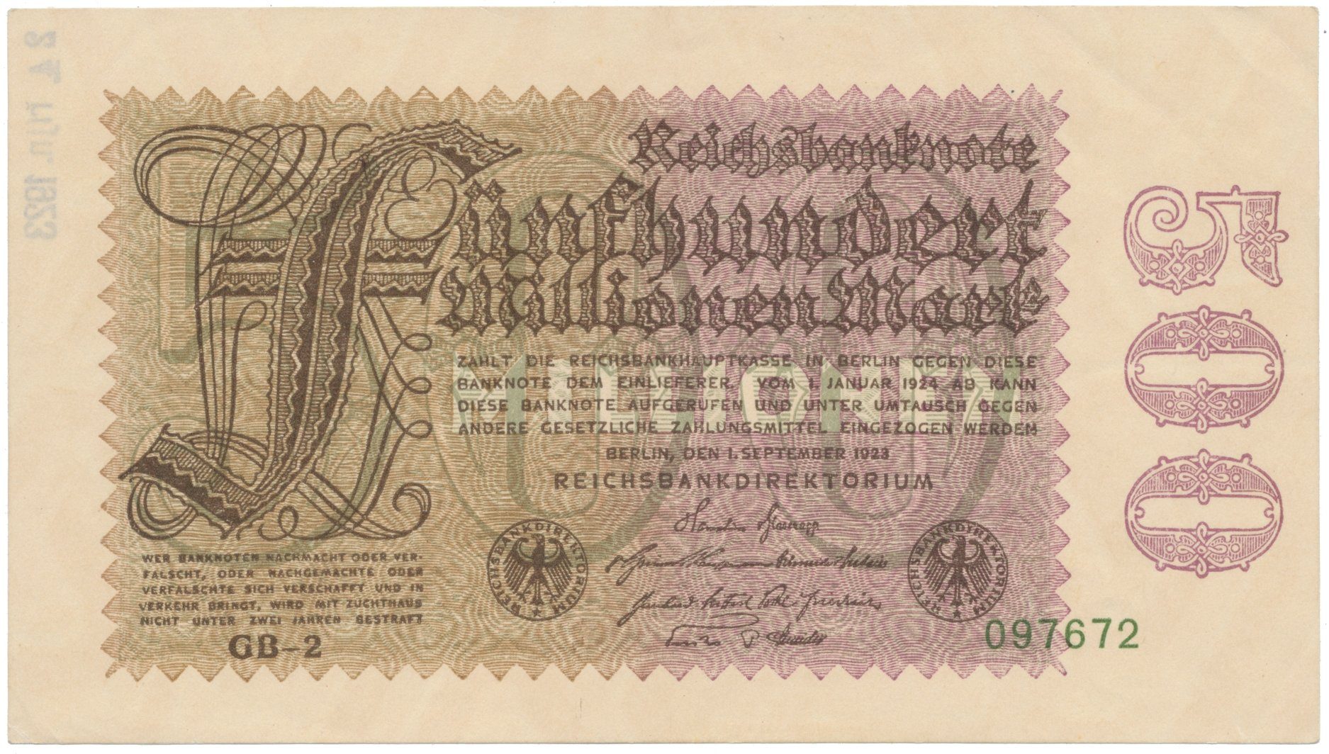 Německo, 500 Millionen Mark 1923, vodoznak Hakensterne, Ro.109d