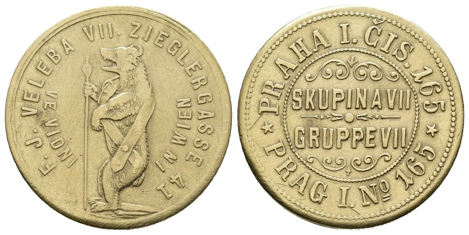 Praha, Vídeň - F. J. Veleba, ražebna, reklamní žeton. Ms 26 mm, škr. — 1