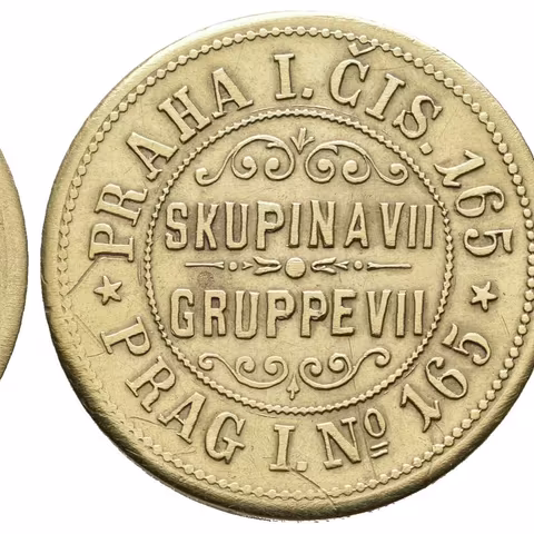 Praha, Vídeň - F. J. Veleba, ražebna, reklamní žeton. Ms 26 mm, škr.